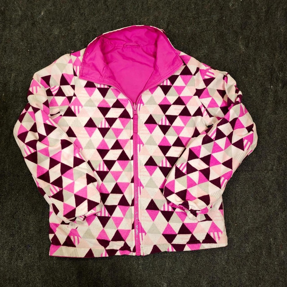 Athletech Girls Reversible Fleece Jacket Pink Geometric Full Zip Large 10/12